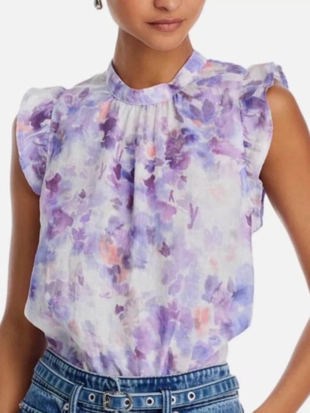 NWT BELLA DAHL Printed Ruffle Sleeveless Mock Neck Button Back Top Size Large